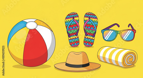 Colorful Summer Beach Vacation Accessories Illustration