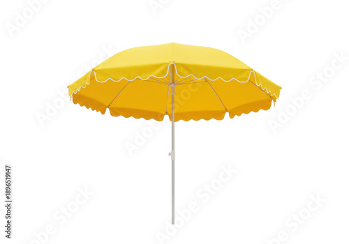Vibrant yellow beach umbrella with white scalloped trim and a sleek silver pole, isolated on a seamless transparent studio background with copy space, concept for summer advertising