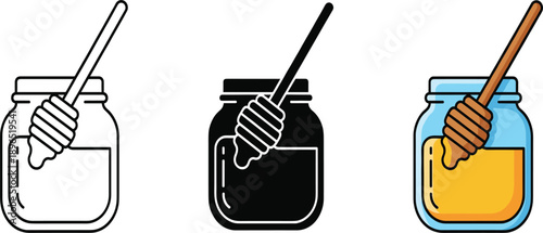 Honey Jar Illustration Set with Dipper in Outline Silhouette and Color Styles Isolated on White Background