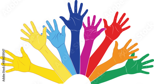 Colorful raised hands illustration representing diversity inclusion unity teamwork volunteering equality and community participation concept isolated on white background social awareness design