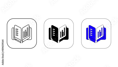 Open Business Report Book Icons with Bar Chart in Outline and Solid Styles for Financial Data Analysis