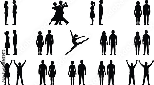 Couple silhouette collection showing men and women standing dancing celebrating and interacting together representing relationships romance lifestyle movement isolated on white background illustration