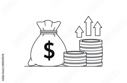 Money bag with coins and rising arrows symbolizing financial growth and investment