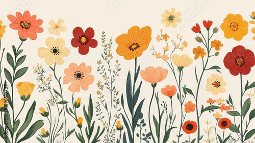 A charming floral pattern featu diverse flowers in shades of orange, red, and cream, arranged in a whical meadow against a neutral background that is calm.
