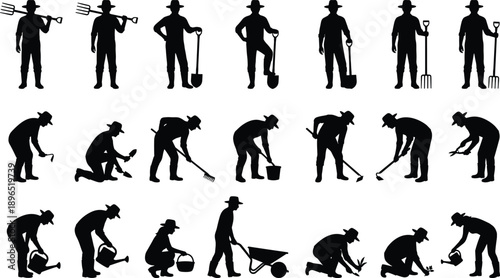 Farmer silhouette collection showing agricultural workers using tools shovels forks watering cans and wheelbarrow representing farming gardening and rural labor activities isolated on white 