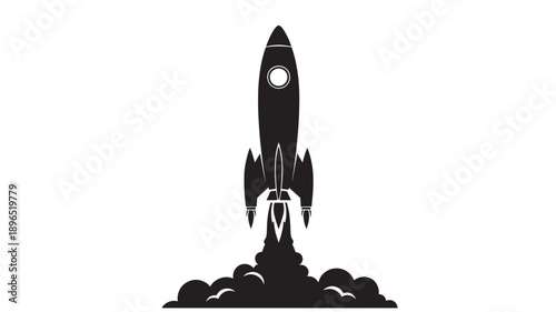 Launching Rocket Silhouette in Dramatic Black and White Illustration with Explosive Smoke for Startup Logo