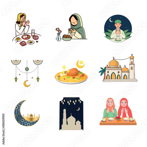 Ramadan daily life activities vector set with prayer, family meal, mosque and Islamic decorations