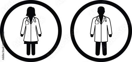 Male and female doctor icon silhouette illustration showing healthcare professionals with stethoscope representing medical service hospital staff and gender equality isolated on white background