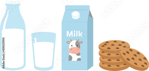 Milk Bottle Glass Carton and Chocolate Chip Cookies Illustration Set Isolated on White Background
