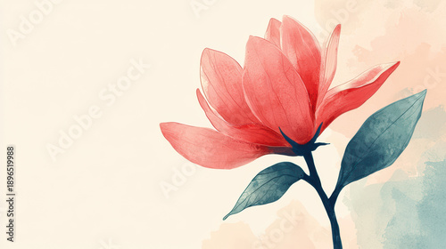 A delicate watercolor painting showcases a vibrant red magnolia flower with blue-green leaves against a soft, textured background, creating a serene, floral artwork.