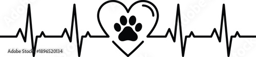 Pet care heartbeat illustration featuring heart with dog paw and electrocardiogram line symbolizing veterinary health love compassion and animal wellness isolated on white background