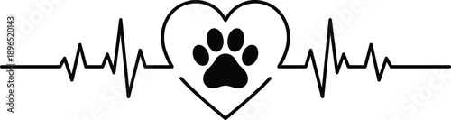 Pet care heartbeat illustration with heart shaped outline and dog paw print symbol representing veterinary health love compassion and animal wellness isolated on white background