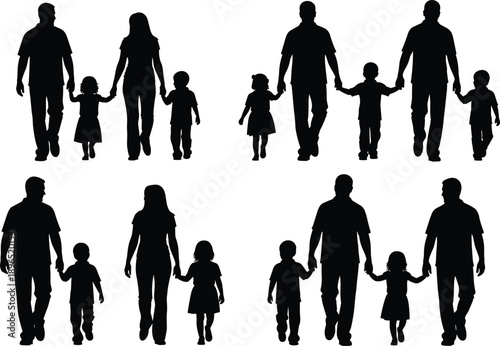 Family silhouettes walking together, parents holding children hands, happy family concept, black isolated people figures, parenting and togetherness illustration