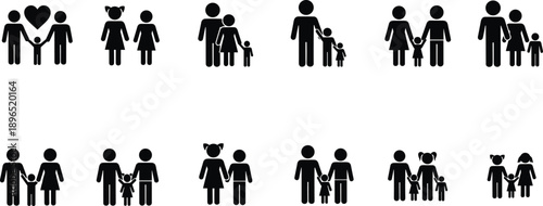 Family silhouette icons set, parents and children figures, love care concept, happy family relationships, black vector illustration