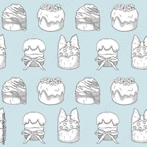Hand-drawn seamless pattern made of Easter cakes with different decor in graphic detailed sketch style on light blue background