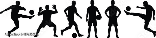 Soccer player silhouette sequence showing football actions kicking dribbling goalkeeping and athletic poses representing sport training competition isolated on white background illustration