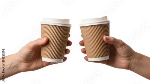 Two hands holding disposable coffee cups