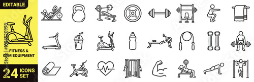 Fitness line icons set with gym equipment, strength training, workout exercises, cardio machines, bodybuilding, yoga and healthy lifestyle outline symbols for app UI, web design and infographics