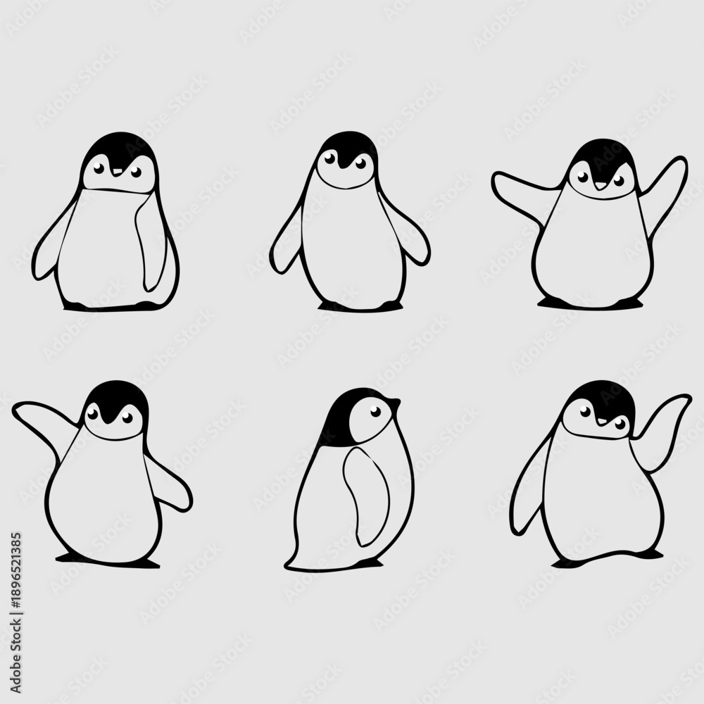 Obraz premium Penguin character vector set featuring multiple poses and actions. Ideal for storytelling, children’s books, and animation concepts