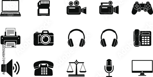 Media and communication technology icon set, laptop camera headphones printer phone microphone balance scale, black silhouette vector illustration