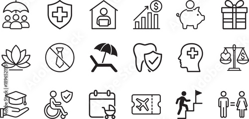 Employee benefit vector icon set for HR and business use, showing insurance, salary, leave, and perks