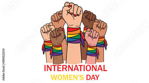 International Women's Day illustration with diverse raised fists and rainbow wristbands.