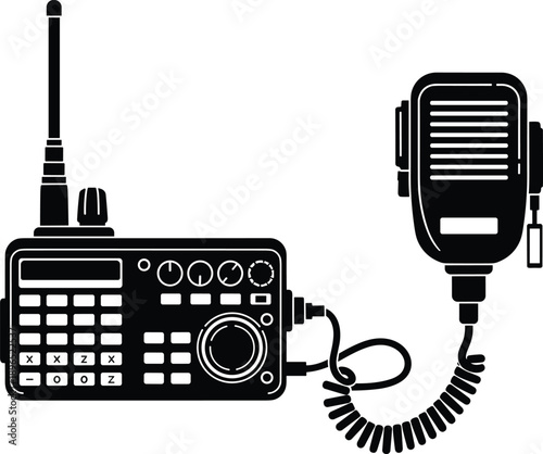 Two way radio communication device illustration, professional transceiver with microphone and antenna, black and white vector design for broadcasting technology concepts