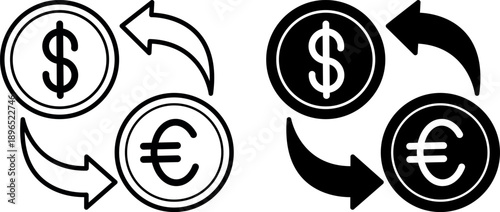 Currency Exchange Icons. Glyph and Line Vector Illustrations. Dollar and Euro Coins. Cash and Non-Cash Money Exchange Transactions. Payment Concept