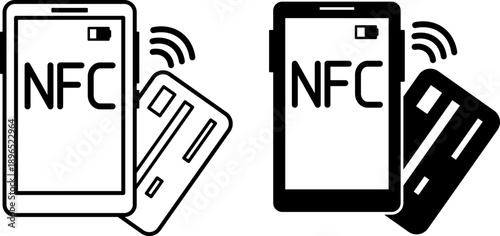 Near Field Communication Icons. Glyph and Line Vector Illustrations. Mobile Phone, Bank Card, and Wireless Communication. Data Exchange Between Devices Without Internet, NFC. Payment Concept