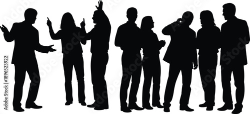 Silhouettes of people in conversation, black illustration of expressive gestures, social interaction, communication, teamwork, group dynamics and behavior