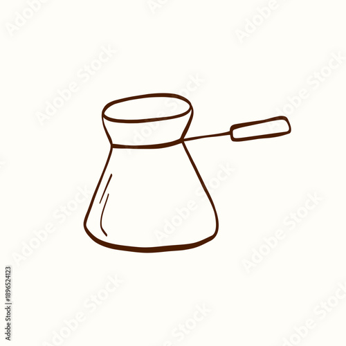 Coffee cezve pot with long handle drawn in clean outline on a light background. Simple kitchen element suitable for cafe branding, menus, packaging, stickers, icons and coffee themed designs