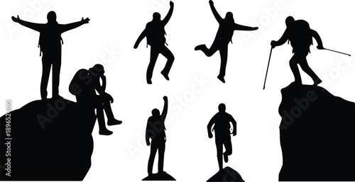 Hiker and climber silhouette poses on rocky terrain, black illustration of outdoor adventure, triumph, trekking, nature exploration and freedom