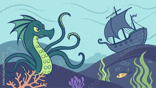 Fearsome Sea Monster Attacking Sunken Shipwreck Illustration for Adventure Game Design or Nautical Insurance Marketing Material