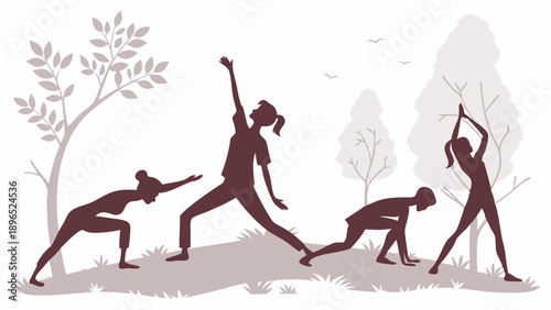 Silhouettes of Diverse Women Practicing Yoga Poses Outdoors for Wellness Website Design and Health Promotion Graphics