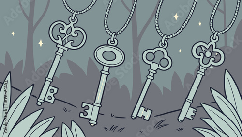 Mysterious Antique Keys as Pendants Hanging in Dark Forest Setting for Secret Access or Opportunity Discovery
