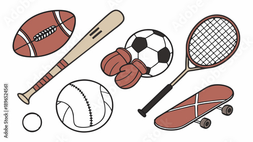 Sports Equipment Collection for Active Lifestyle Promotion Website Design Fitness Club Advertising Fun Summer Recreation Graphics