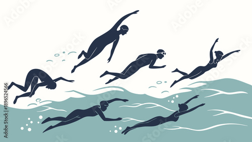 Swimmers Diving Underwater in Dynamic Water Sports Illustration for Fitness Web Design and Summer Campaign Promotion