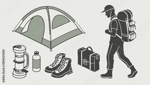 Camping Hiking Gear Collection Icon Set for Outdoor Adventure Travel Website Design and Adventure Sports Promotion