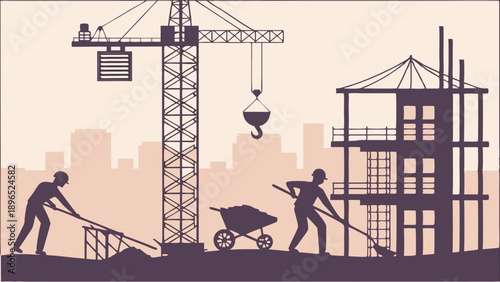 Construction Workers Shoveling Dirt Near Tower Crane Building Skyscraper Silhouette for Real Estate Development Projects