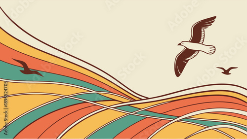 Retro Waves Seagulls Flying Over Colorful Abstract Ocean Lines for Travel Poster Web Banner Background Design