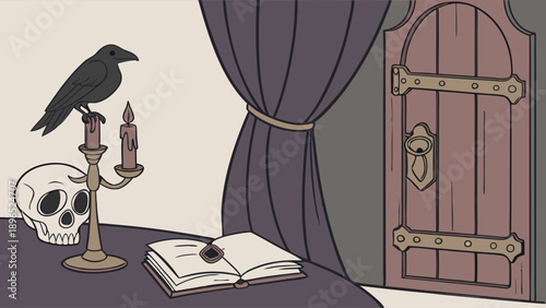 Mysterious Occult Scene with Raven Skull Candle and Ancient Book for Halloween Horror Website Design or Magic Themed Content