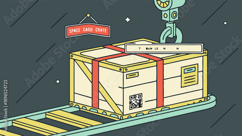 Space Cargo Crate Being Loaded by Crane on Conveyor Belt for Logistics and Delivery Services Illustration
