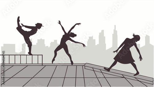 Dancers Silhouettes Performing on City Rooftop Against Skyline for Freedom and Artistic Expression Web Design