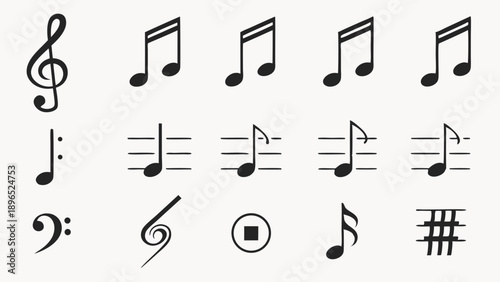 Musical Notation Icons Set Treble Clef Bass G Clef Eighth Notes Rests Sharps for Music Education Design Projects