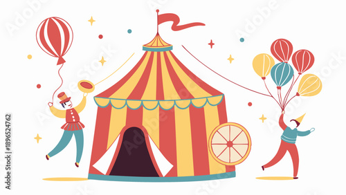 Vibrant Circus Tent Illustration with Happy Performers Holding Balloons for Festival or Children's Event Promotion Design