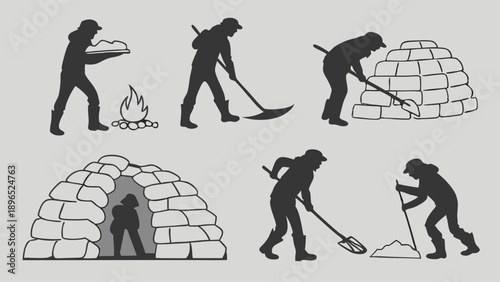 Inuit Building Igloo Snow Shelter Step By Step Process for Survival and Winter Camping Illustration