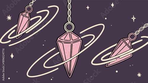 Mystical Pink Crystal Pendulums Swinging in Cosmic Night Sky for Divination and Spiritual Healing Guidance
