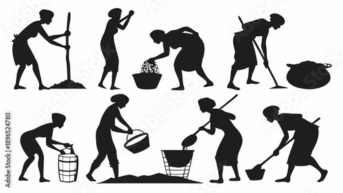 African Women Silhouettes Performing Daily Chores Manual Labor Farming Water Collection for Development Projects