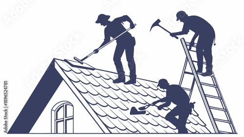 Roof Repair Workers Silhouettes Installing Shingles on House Attic Structure for Home Maintenance and Construction Projects
