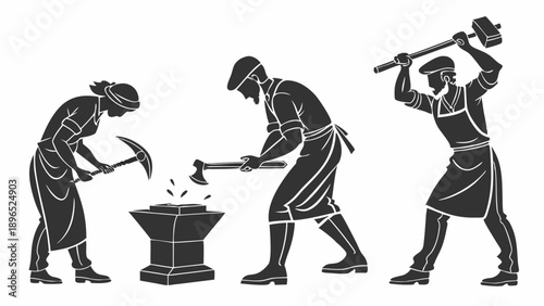 Blacksmiths Forging Metal with Hammer and Anvil for Industry, Craftsmanship, and Heritage Website Design or Print Ads